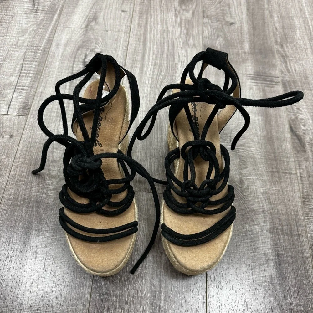 Free People Sandal Platform Wedge Espadrille Black Strappy Wrap Up Size 38 (8)